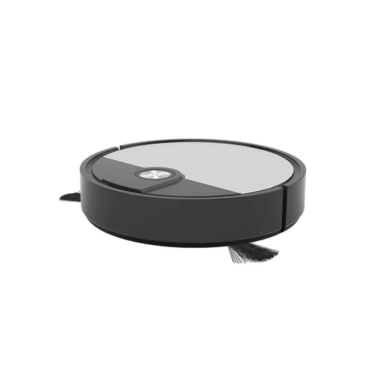 Crni mini robot usisivac sa bocnom cetkom na beloj pozadini