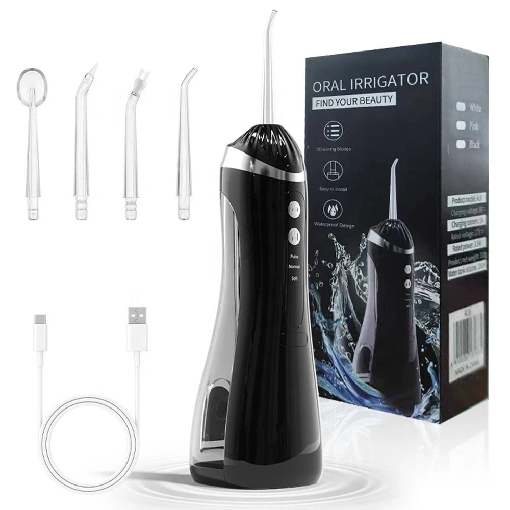 Crni prenosivi oralni tus za zube sa nastavcima i USB kablom