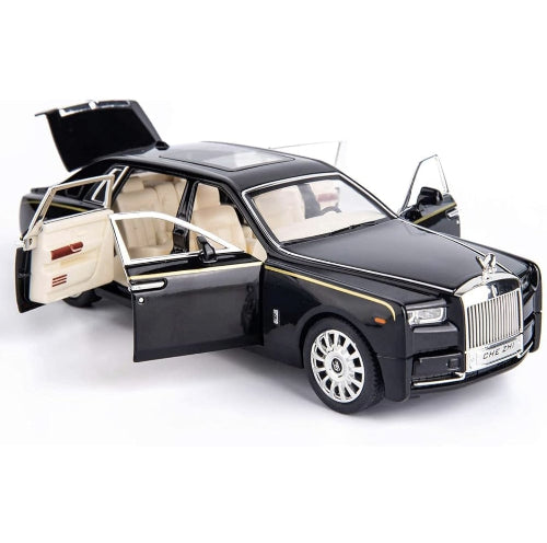 Crni model automobila Rolls Royce Phantom sa otvorenim vratima i prtljaznikom. Luksuzna igracka.