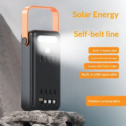 Crni solarni eksterni punjac sa LED lampom i ugradjenim kablovima na steni