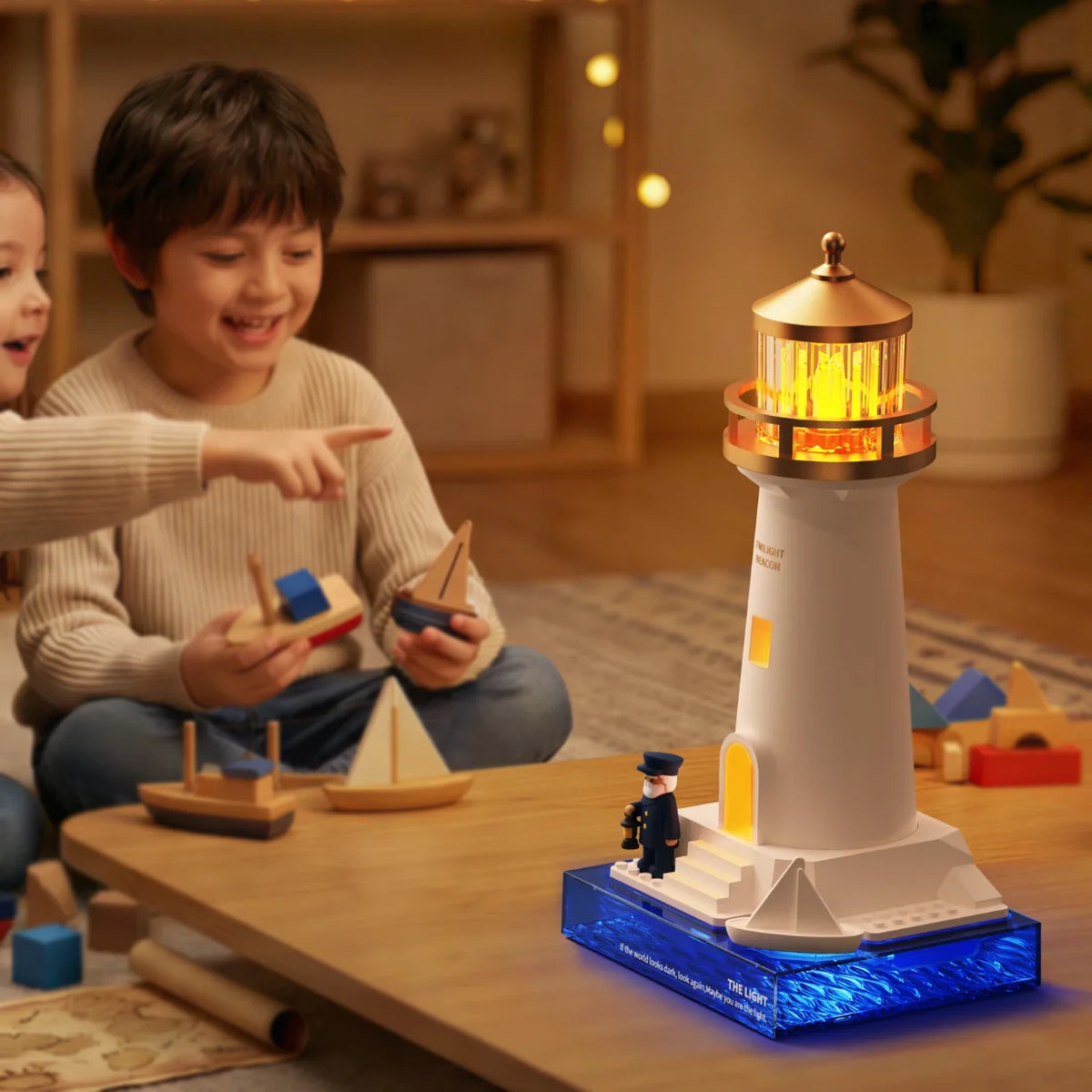 Deca se igraju pored dekorativne LED lampe u obliku svetionika
