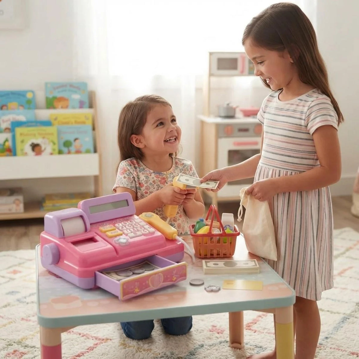 Deca se igraju sa decijom kasom za prodavnicu na stolu