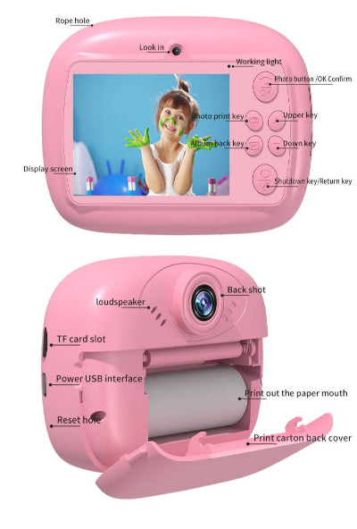 Prikaz otvorene roze decije kamere za instant foto stampanje. Prikazuje mehanizam za papir i detalje proizvoda.