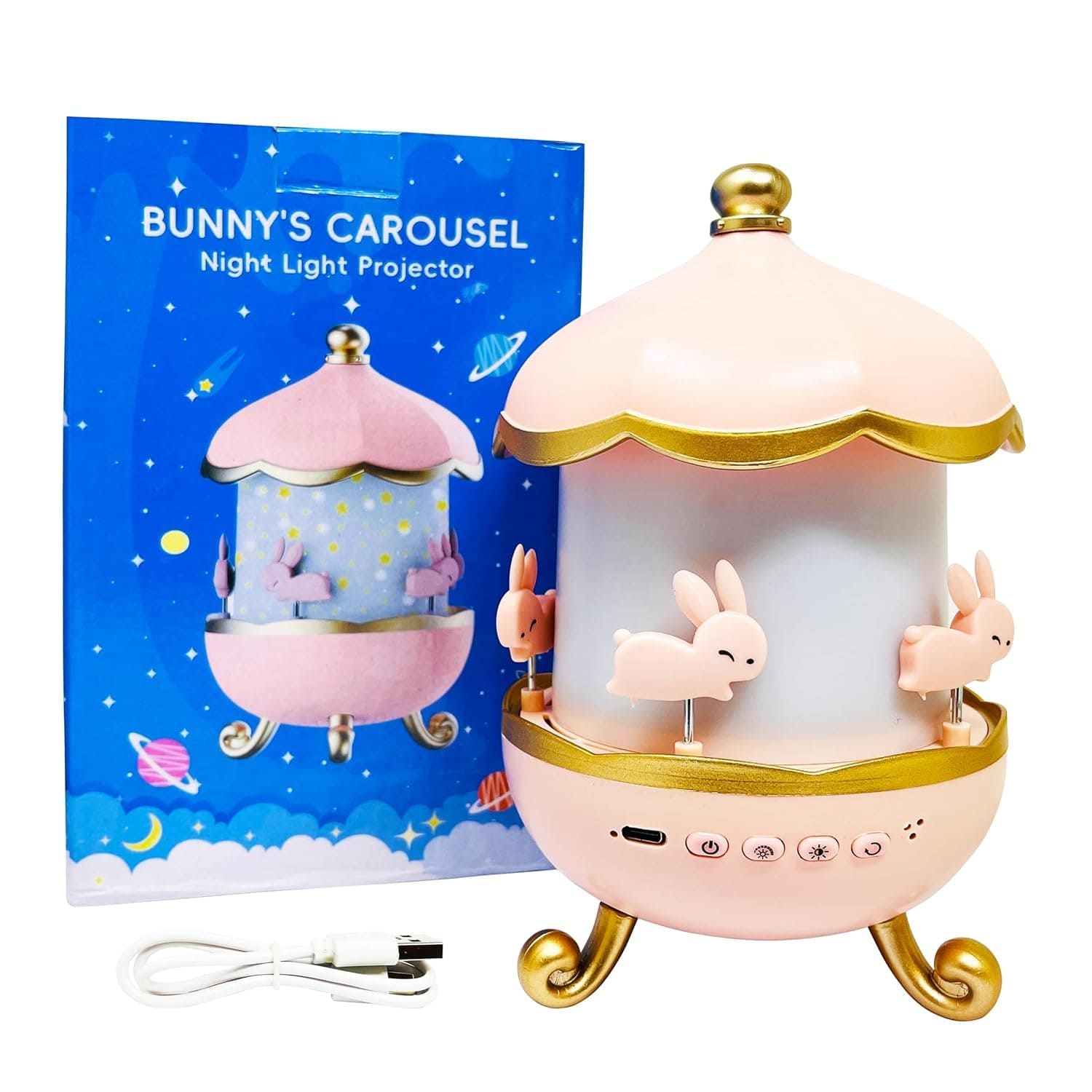 Decija nocna lampa projektor u obliku karusela sa zvezdanim nebom i zecevima, idealna za deciju sobu
