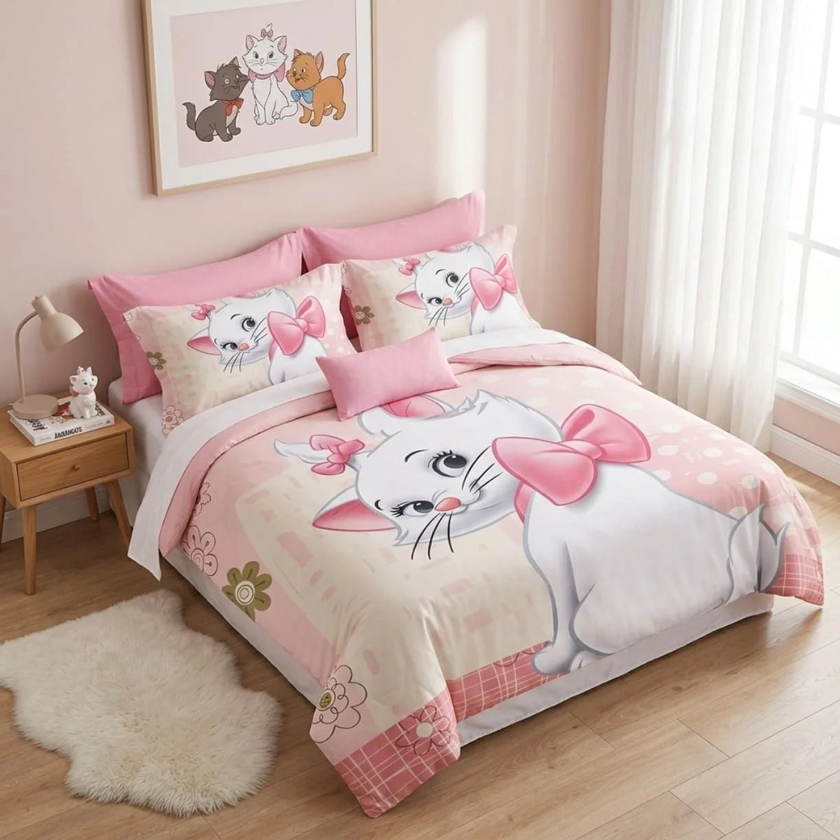 Decija posteljina sa belom mackom i roze detaljima