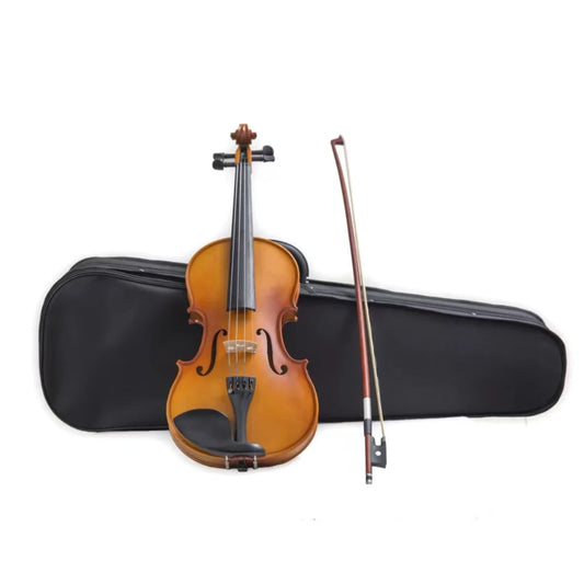 decija violina sa gudalom ispred crne futrole