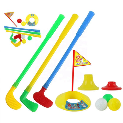 Deciji golf set sa dugim palicama, bazom i sarenim lopticama