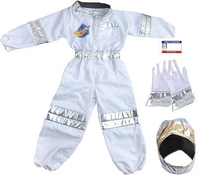 Komplet decijeg kostima astronauta. Belo odelo sa srebrnim detaljima, rukavice i kaciga. Kostim je idealan za maskenbal i igru.
