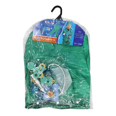 Kompletan deciji kostim hirurga, spakovan u plasticnu kesu. Zeleno odelo i set medicinske opreme, idealno za igru i maskenbal.