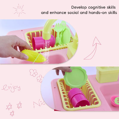  Detaljan prikaz decjeg sudopera za igru, slavi se funkcija vode i odlaganje posudja, pomaze razvoj kognitivnih i motorickih sposobnosti kod dece.