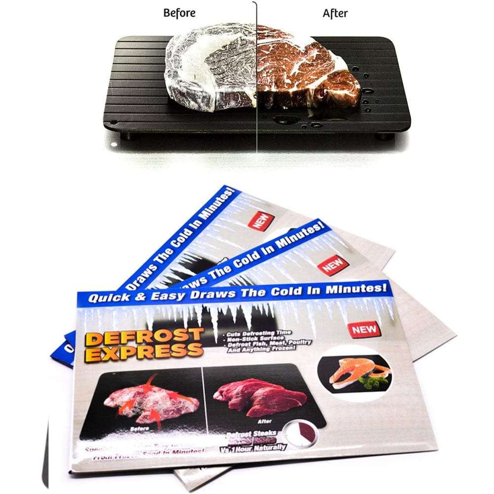 Defrost Express tacna za brzo odmrzavanje mesa i hrane, prikaz pre i posle, efikasna i prirodna metoda.