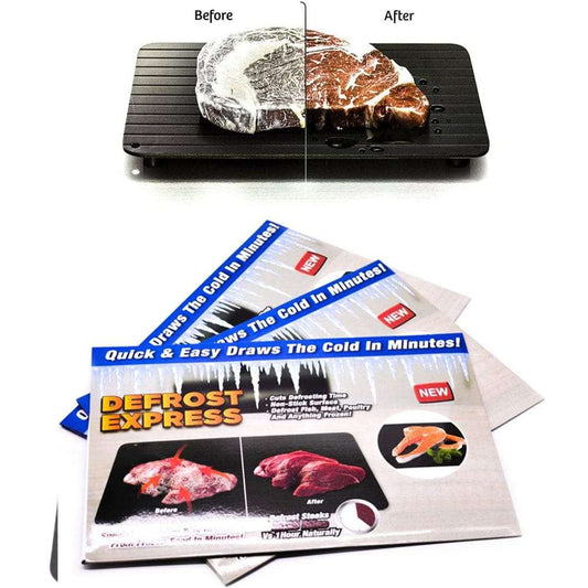 Defrost Express tacna za brzo odmrzavanje mesa i hrane, prikaz pre i posle, efikasna i prirodna metoda.