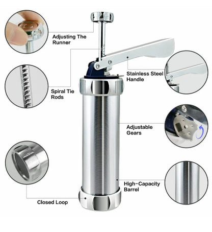 Delovi sprica za kolace od inoxa. Rucni aparat za kekse sa podesivim mehanizmom. Kvalitetan spric za ukrasavanje torti i kolaca.