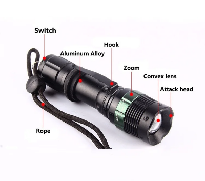 Takticka lampa od aluminijumske legure sa konveksnim socivom podesivim zoomom i nazubljenom glavom za samoodbranu