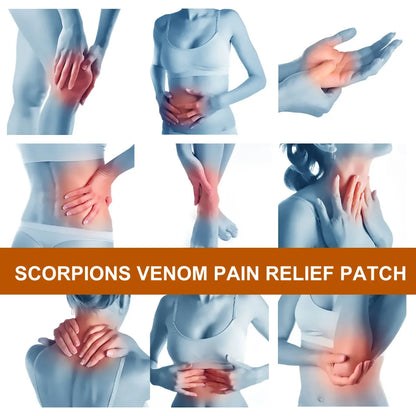 Ilustracija razlicitih delova tela sa bolom i natpis skorpions venom pain relief patch