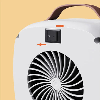 Detaljan prikaz prednje strane malog grejaca ventilatora i prekidaca za kontrolu jacine i temperature