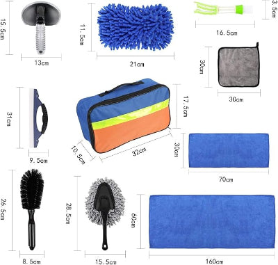 Detaljan prikaz svih delova i dimenzija u setu za profesionalno pranje i negu automobila