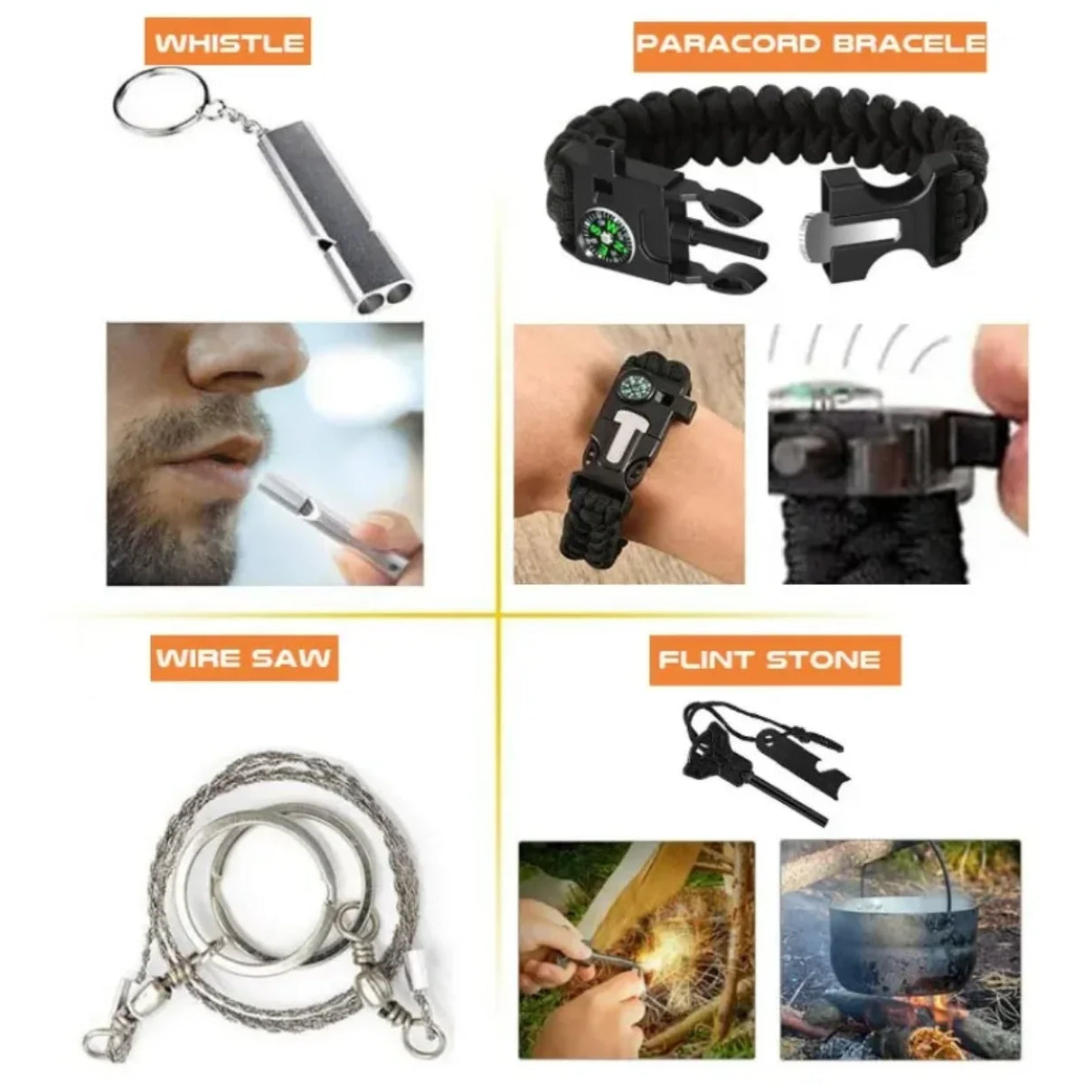 Detalji pistaljke, paracord narukvice, zicne testere i kresiva iz kompleta za prezivljavanje