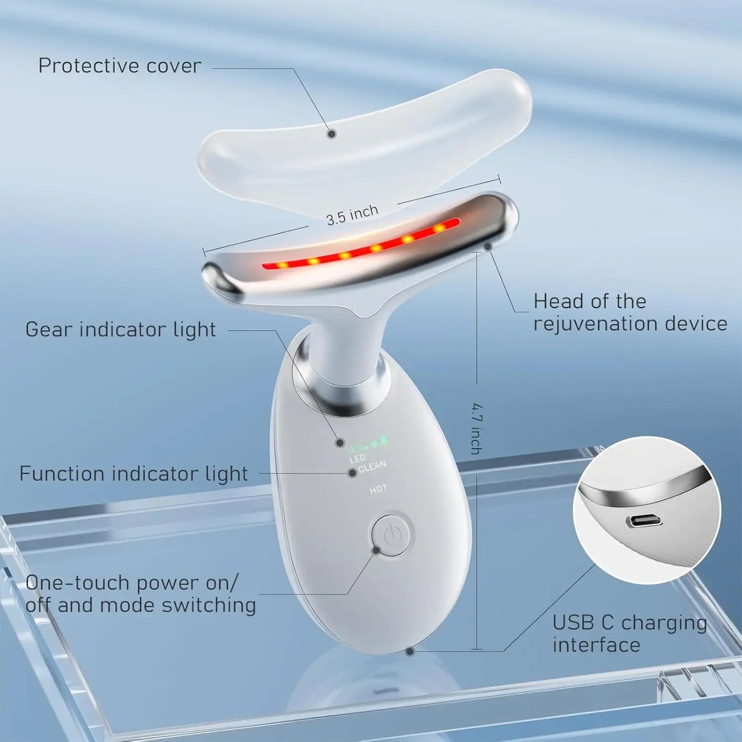 Detalji pametnog masazera za lice i vrat sa USB C punjenjem