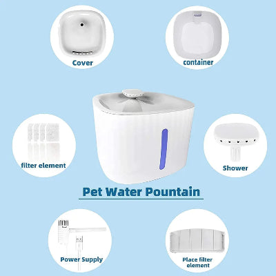 Dijagram sa detaljima fontane za vodu. Prikazuje tihu pumpu, cetvorostruki sistem filtracije i kapacitet posude.