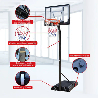 Detalji pokretnog kosarkaskog kosa sa najlonskom mrezom i podesivom visinom
