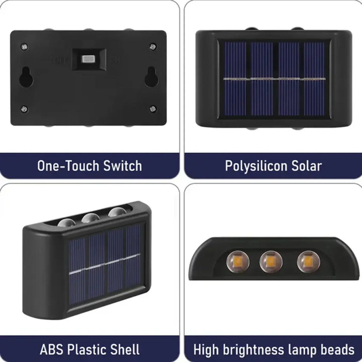 Detalji solarne zidne lampe sa prekidacem, solarnim panelom i LED diodama
