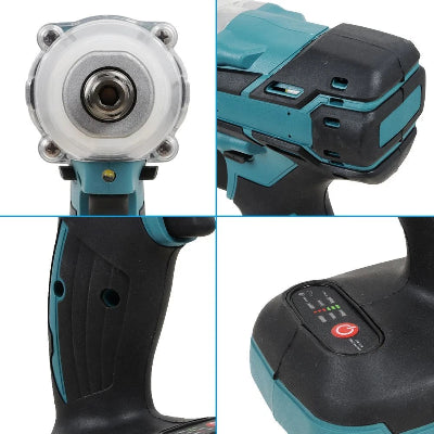 Detaljan prikaz glave i rukohvata udarnog odvijaca. Prikazan je ergonomski dizajn i dugmad za kontrolu brzine.