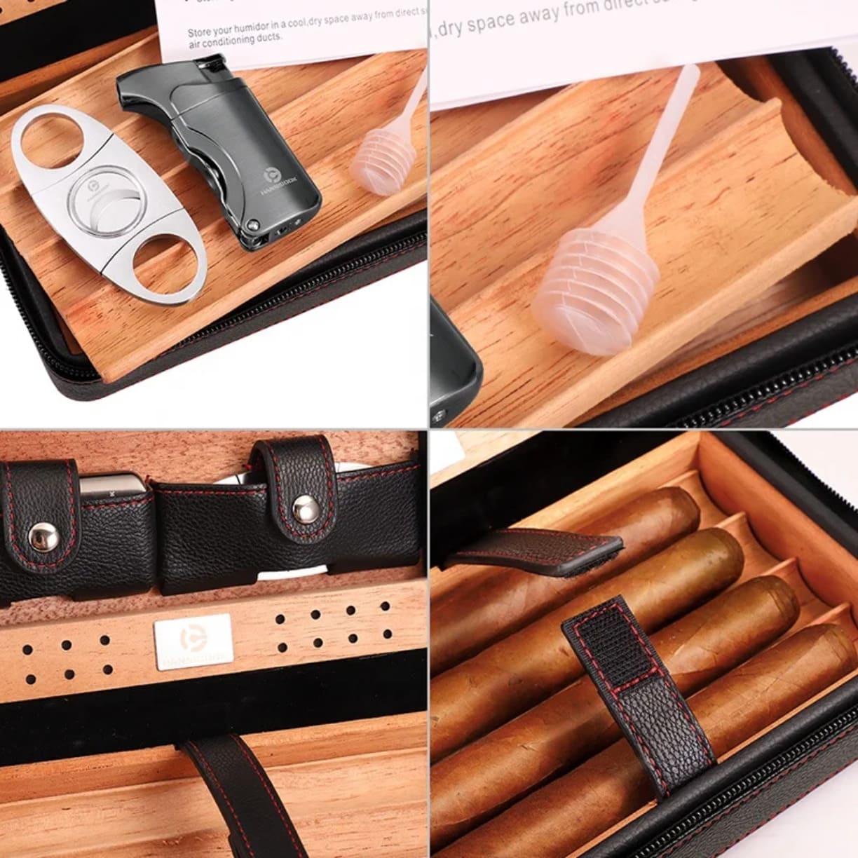 Detalji unutrašnjosti humidora sa držačima i pregradama za tompuse