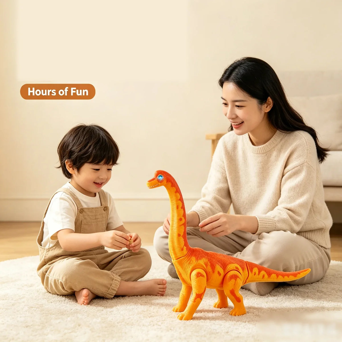 Dete i mama se igraju sa dinosaur brahiosaurus igrackom