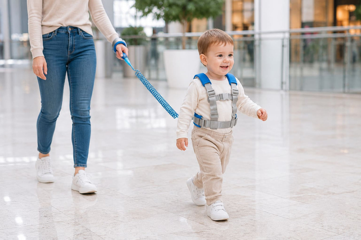 Dete sa plavim sigurnosnim kaišem za hodanje tokom šetnje u tržnom centru