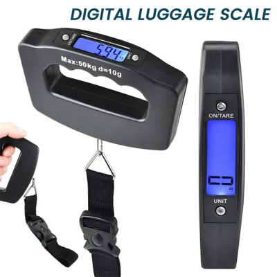 Digitalna vaga za prtljag maksimalne nosivosti 50kg, sa jasnim LCD displejom i trakom za kacenje, idealna za putovanja.