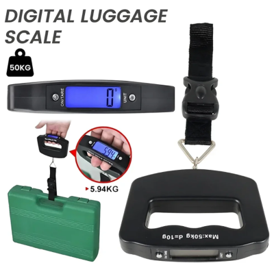 Digitalna vaga za prtljag do 50kg sa trakom i kukom, idealna za merenje kofera, torbi i paketa na putovanjima.