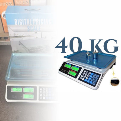 Detaljan prikaz digitalne vage za trgovinu. Vidi se kontrolna tabla sa ekranima za tezinu, jedinicnu i ukupnu cenu. Odlicna za koriscenje u prodavnicama.