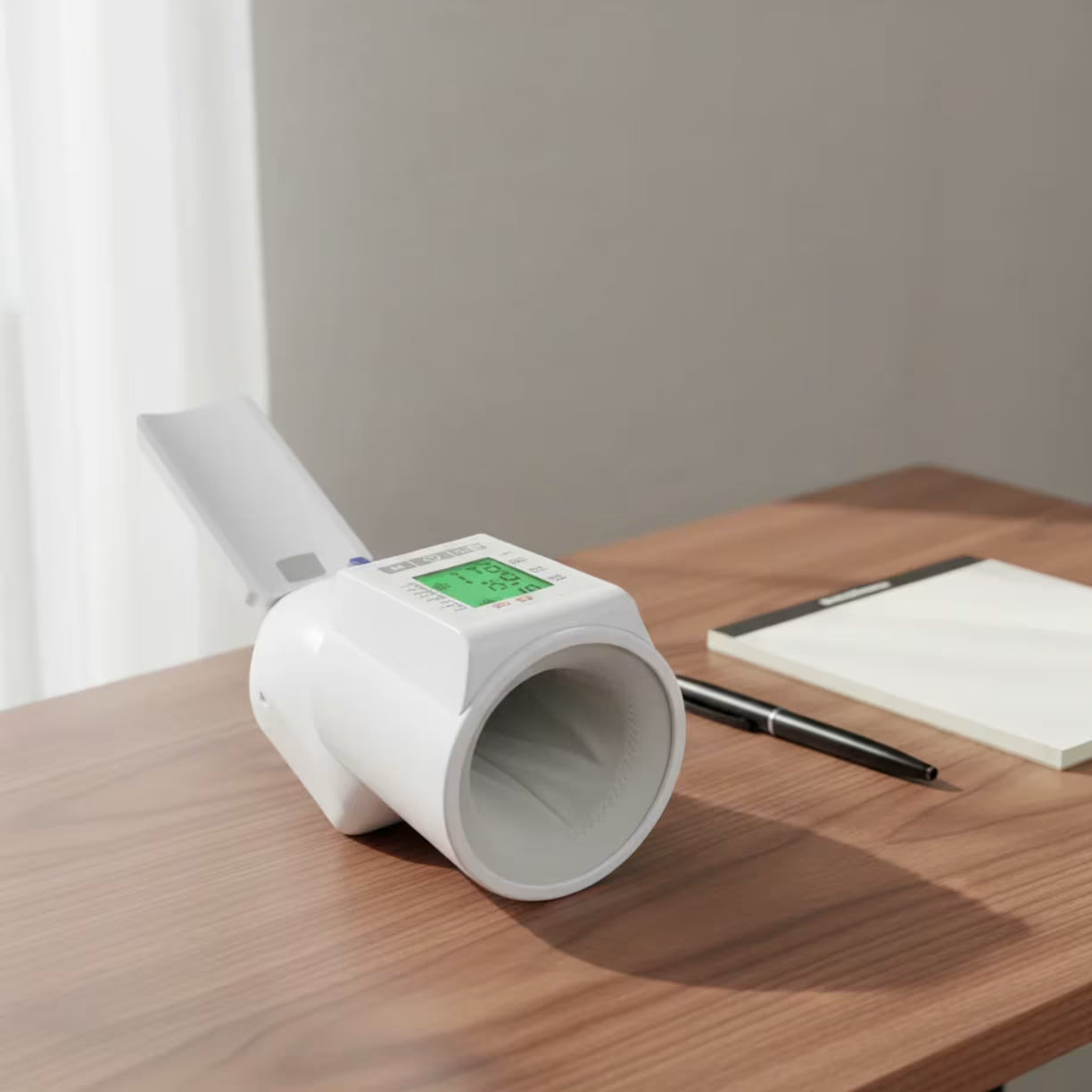 Beli automatski aparat za merenje pritiska sa tunelom postavljen na radnom stolu