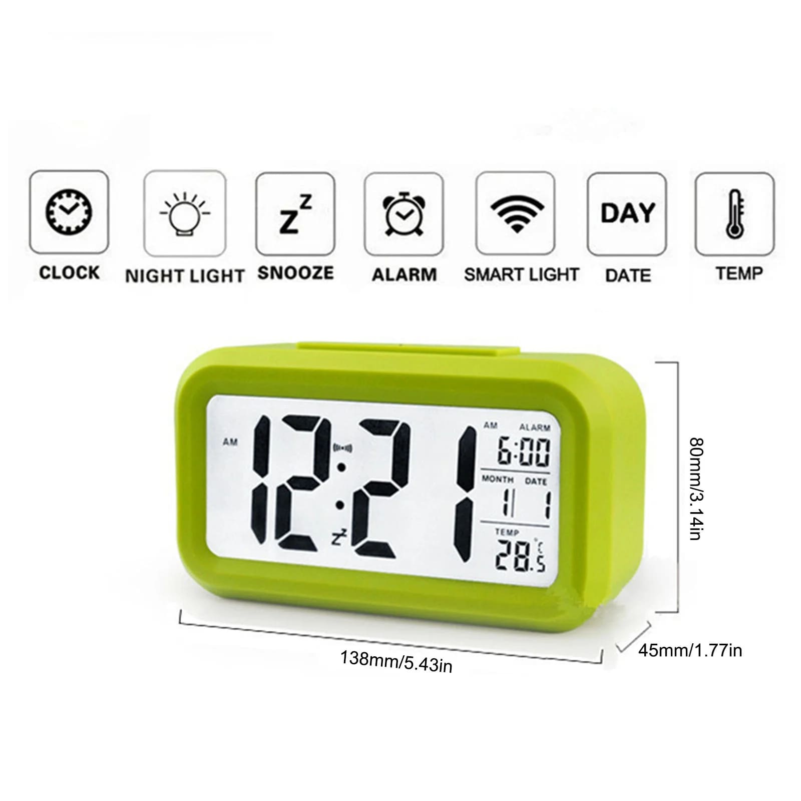 Digitalni LCD budilnik zelene boje sa prikazom vremena, datuma i dimenzija proizvoda
