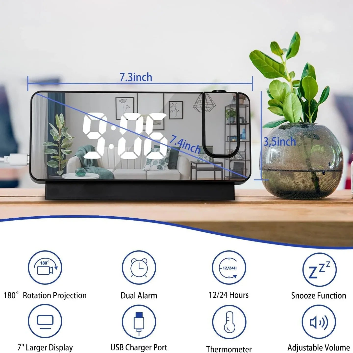 Digitalni budilnik sa projekcijom sa oznacenim dimenzijama i funkcijama