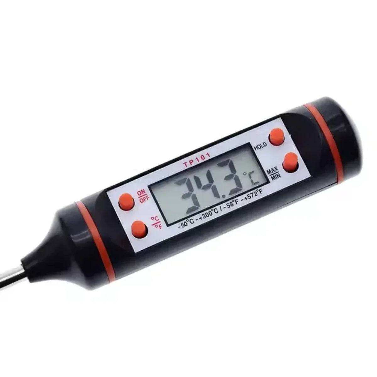 LCD displej digitalnog kuhinjskog termometra sa prikazom 34.3 C i oznacenim funkcijama