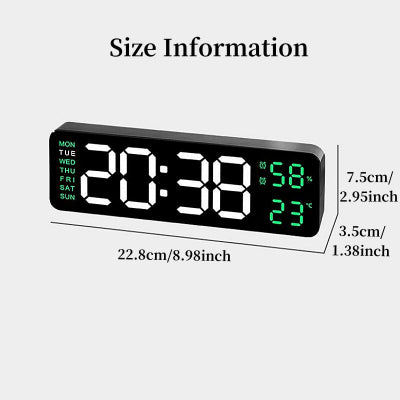 Digitalni LED zidni sat sa prikazom vremena, datuma, temperature, i dimenzijama, elegantan dizajn