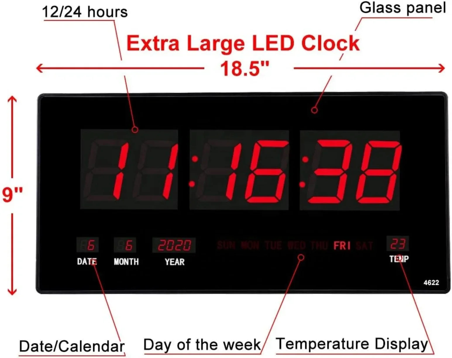 Digitalni LED panel sat sa oznacenim funkcijama vremena, datuma i temperature