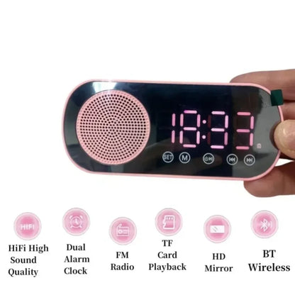 Roze digitalni sat budilnik sa ogledalo displejem, dvostrukim alarmom i bluetooth zvucnikom