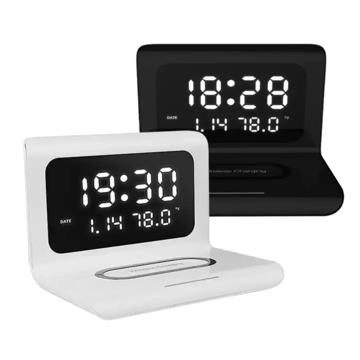 Beli i crni digitalni sat sa LED displejem i bezicnim punjacem