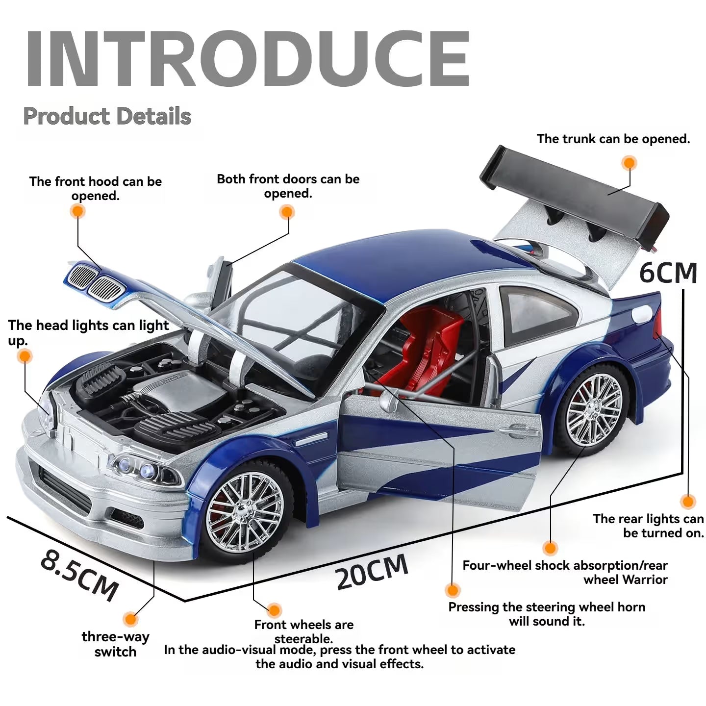 Detaljan prikat otvaranja vrata, haube i gepeka na BMW M3 GTR E46 igrački