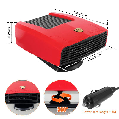 Specifikacije auto grejaca. Povezivanje preko auto upaljaca 12V. Prikaz dimenzija i kabla za napajanje 150W. Laka montaza na komandnu tablu.