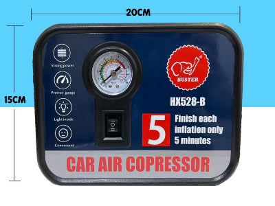 Prikaz dimenzija prenosnog kompresora za auto. Kompaktne dimenzije olaksavaju skladistenje u gepeku.