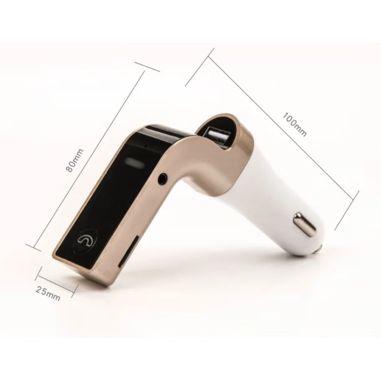 Prikaz dimenzija zlatnog Bluetooth FM transmitera za auto sa USB ulazom
