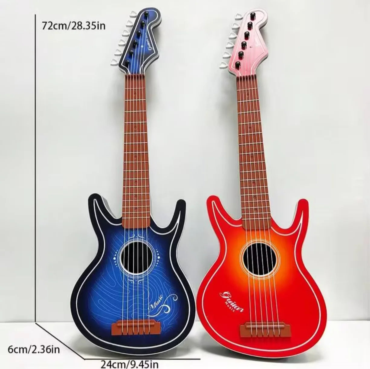 Dimenzije decije drvene gitare igracke 72 x 24 x 6 cm u plavoj i crvenoj boji