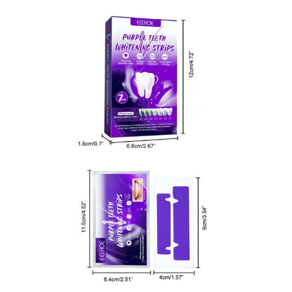 Prikaz dimenzija pakovanja i pojedinacnih Eelhoe ljubičastih trakica za izbeljivanje zuba. Gornji deo ilustracije prikazuje dimenzije kutije: širina 6.8cm/2.67", visina 12cm/4.72" i debljina 1.8cm/0.7". Donji deo prikazuje dimenzije otvorenog pakovanja trakica: širina 6.4cm/2.51" i visina 11.5cm/4.52", kao i dimenzije jedne trakice sa aplikatorom: širina 4cm/1.57" i dužina 9cm/3.54".