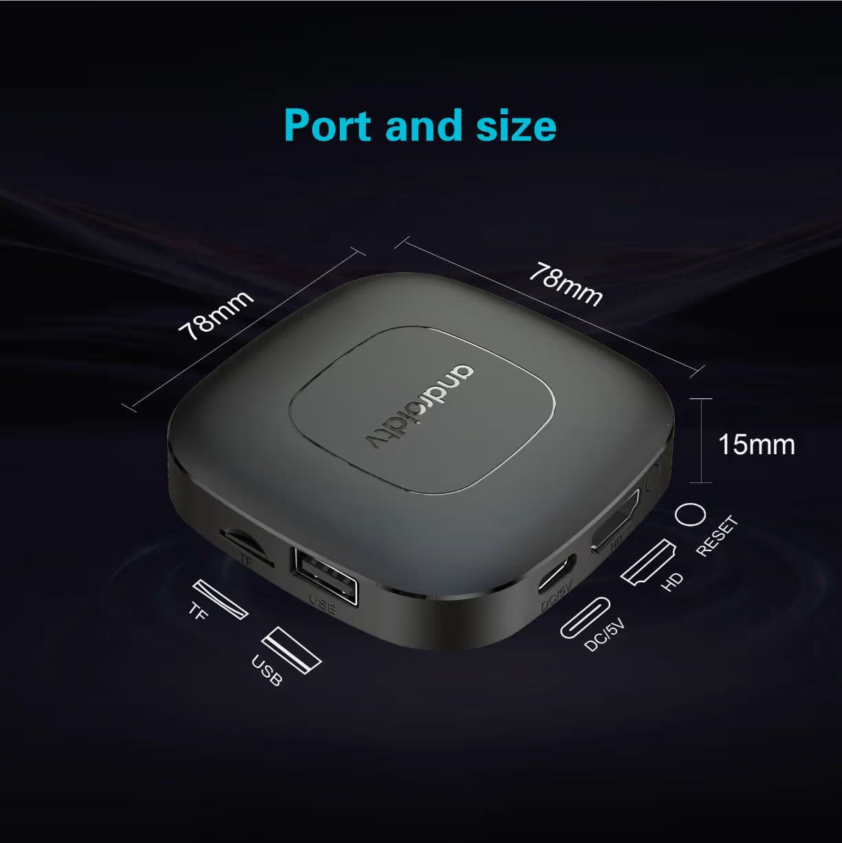 Prikaz dimenzija uredjaja od sedamdeset osam milimetara sa oznacenim usb hd i tf ulazima