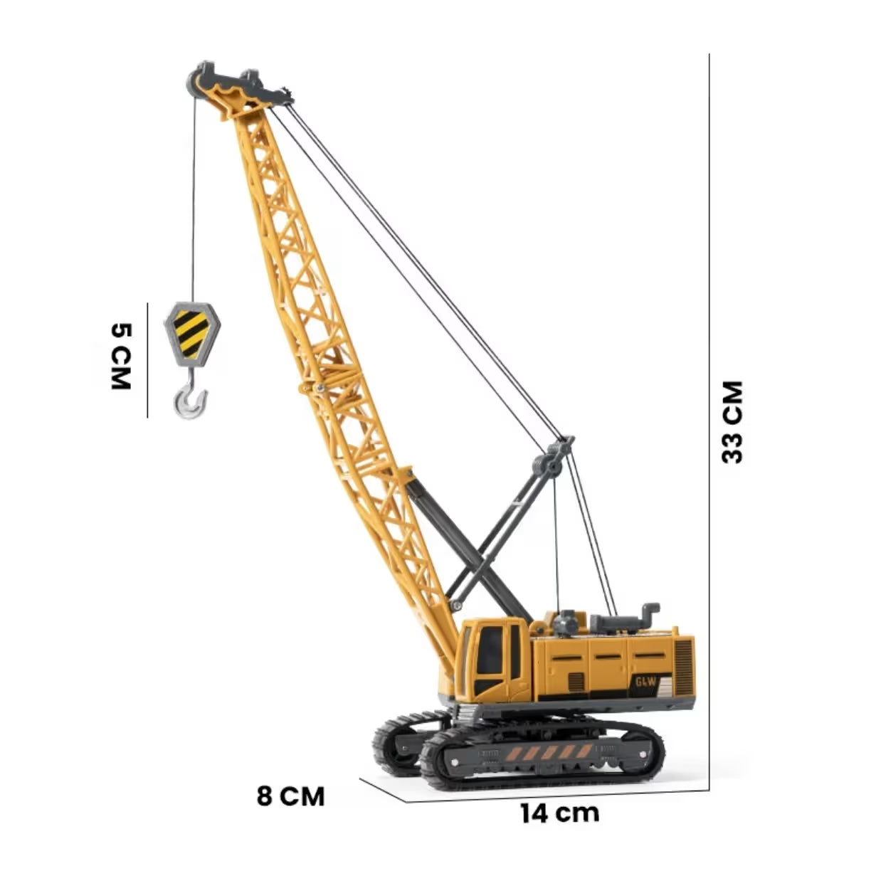 Prikaz visine od 33 cm i duzine od 14 cm za metalnu igracku radne masine sa mernim linijama