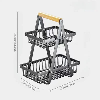 Dimenzije metalne korpe za voce sa dva nivoa. Prakticna za skladistenje, odlaganje i organizaciju u kuhinji i domu.